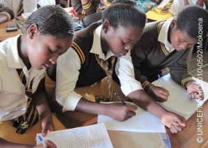 Childs View Students attend class at Celukuphiwa School in Estcourt, a town in KwaZulu-Natal Province. The photograph was taken by Godgiven Mokoena, 17, one of 20 participants in a UNICEF-organized child photography workshop. In Feuary 2010 in South Africa, UNICEF supported a photography workshop for 20 children in the eastern town of Estcourt, in KwaZulu-Natal, the countrys poorest province. The participants came from two local schools, including Lyndhurst Primary School, whose motto is education is freedom. Many participants have been affected by HIV/AIDS, some are orphans, and most live in poverty. Only one participant had used a camera before. Crime and sexual violence are also serious problems in the community. South Africa has the highest rates of sexual assault in the world, and some 40 per cent of victims are children. The country also has the largest number of children orphaned or made vulnerable by HIV/AIDS. Guided by UNICEF photographer Giacomo Pirozzi, the workshop participants learned basic camera functions and chose to photograph different aspects of daily life in their community. The workshop was supported by Gucci, a UNICEF private sector partner. Gucci is also the largest corporate supporter of Schools for Africa, a programme established in 2004 by UNICEF, the Nelson Mandela Foundation and the Hamburg Society. Schools for Africa supports educational programmes in 11 countries, including South Africa. The Lyndhurst Primary School also receives Schools for Africa funding through a Sport for Development programme, which educates children about HIV/AIDS and the risks of too early and unprotected sex.