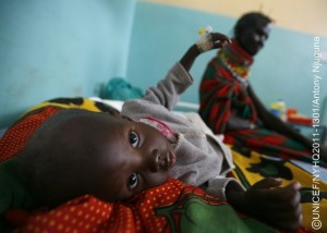 On 9 August, a child rests on a cot at a nutrition stabilization centre at the District Hospital in the town of Lodwar, capital of Turkana District, in Rift Valley Province. The global acute malnutrition rate in Turkana District is at 37.4 per cent, its highest ever. In this predominantly pastoralist region, many families are selling their livestock to buy increasingly expensive food.  On 26 August 2011, the crisis in the Horn of Africa  affecting primarily Kenya, Somalia, Ethiopia and Djibouti  continues, with a worsening drought, rising food prices and ongoing conflict in Somalia. Some 12.4 million people are threatened by the regions worst drought in 60 years. Hundreds of thousands of children are at imminent risk of dying, and over a million more are threatened by malnutrition and disease. In Kenya, 1.7 million children have been affected by the drought, including 220,000 Somali refugee children in the north-eastern town of Dadaab. UNICEF, together with the Government, United Nations, NGO and community partners, is supporting a range of interventions and essential services, especially for the displaced and for refugees, including feeding programmes, immunization campaigns, health outreach, and access to safe water and to improve sanitation. A joint United Nations appeal for humanitarian assistance for the region requires US $2.4 billion, of which 58 per cent has been received to date. A majority of UNICEFs portion of the appeal has been funded.