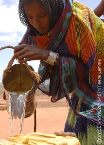 On 5 August, Godana Wario fills her jerrycan with water from a collection tank in the ground, in Melbana Village, Mio District, in the drought-affected Borena Zone. The collection tank has just been filled by a tanker truck delivering emergency water supplies. Water delivery is supported by the Borena Zone Emergency Water Taskforce, of which UNICEF is a member.  In late August 2011, the crisis in the Horn of Africa  affecting primarily Kenya, Somalia, Ethiopia and Djibouti  continued, with a worsening drought, rising food prices and ongoing conflict in Somalia. The regions worst drought in 60 years has left 12.4 million people in need of assistance, including 4.8 million in Ethiopia. The Government of Ethiopia estimates that 150,000 children under age five will require treatment for severe acute malnutrition, a deadly condition, by the years end. In addition, over 76,000 refugees from Somalia  which faces one of the worlds severest food security crises  have entered Ethiopia, with a further 200 to 300 arriving every week. Many refugees are dangerously malnourished, and death rates among refugee children have reached alarming levels, according to the United Nations High Commissioner for Refugees (UNHCR). Meanwhile, emergency food reserves are dwindling, and outeaks of measles have been reported in refugee camps. UNICEF, together with the Government, United Nations, NGO and community partners, is supporting a range of interventions and essential services, especially for the displaced and for refugees, including feeding programmes, immunization campaigns, health outreach, and access to safe water and to improved sanitation. A joint United Nations appeal for humanitarian assistance for the region requires US $2.4 billion, of which 58 per cent has been received to date. A majority of UNICEFs portion of the appeal has been funded.