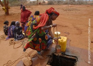 On 5 August, Kurfa Wario draws water from a collection tank in the ground, in Melbana Village, Mio District, in the drought-affected Borena Zone. The collection tank has just been filled by a tanker truck delivering emergency water supplies. Water delivery is supported by the Borena Zone Emergency Water Taskforce, of which UNICEF is a member. [#6 IN SEQUENCE OF NINE] In late August 2011, the crisis in the Horn of Africa affecting primarily Kenya, Somalia, Ethiopia and Djibouti continued, with a worsening drought, rising food prices and ongoing conflict in Somalia. The regions worst drought in 60 years has left 12.4 million people in need of assistance, including 4.8 million in Ethiopia. The Government of Ethiopia estimates that 150,000 children under age five will require treatment for severe acute malnutrition, a deadly condition, by the years end. In addition, over 76,000 refugees from Somalia which faces one of the worlds severest food security crises have entered Ethiopia, with a further 200 to 300 arriving every week. Many refugees are dangerously malnourished, and death rates among refugee children have reached alarming levels, according to the United Nations High Commissioner for Refugees (UNHCR). Meanwhile, emergency food reserves are dwindling, and outeaks of measles have been reported in refugee camps. UNICEF, together with the Government, United Nations, NGO and community partners, is supporting a range of interventions and essential services, especially for the displaced and for refugees, including feeding programmes, immunization campaigns, health outreach, and access to safe water and to improved sanitation. A joint United Nations appeal for humanitarian assistance for the region requires US $2.4 billion, of which 58 per cent has been received to date. A majority of UNICEFs portion of the appeal has been funded.