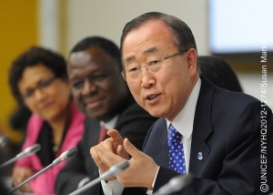 UN Secretary-General Ban Ki-moon makes an opening statement at the high-level discussion Ending Child Marriage, at UNHQ. Behind him are (left-right) UNICEF Deputy Executive Director Geeta Rao Gupta and UNFPA Executive Director Babatunde Osotimehin.  On 11 October 2012 at United Nations Headquarters (UNHQ), a high-level discussion on Ending Child Marriage was held to review progress toward eliminating child marriage. Though girls are disproportionately affected, boys are also forced into child marriages. The practice disrupts childrens education, placing them at risk of multiple deprivations and increases their susceptibility to violence and abuse. The event was led by UNICEF in partnership with the United Nations Population Fund (UNFPA) and UN Women, and included an opening statement by UN Secretary-General Ban Ki-moon. It was also held in observance of the inaugural International Day of the Girl Child  to be held annually on 11 October  which recognizes the unique challenges faced by girls around the world (including early marriage) and the need for greater attention to achieving girls rights. Child marriage occurs in almost all geographic regions, though higher rates of the practice are found in South Asia, sub-Saharan Africa, Latin America and the Caribbean. UNICEF continues to work with all partners to raise the legal age of marriage in all countries to 18 years and to address other forms of gender discrimination. In addition to the UN Secretary-General, other participants in the event included Bangladesh State Minister for Women and Child Affairs Shirin Sharmin Chaudhury; South African Nobel Laureate and Chair of The Elders Archbishop Desmond Tutu; Nigerian youth activist Salamatou Aghali Issoufa, 22; UNFPA Executive Director Babatunde Osotimehin; UN Women Executive Director Michelle Bachelet; and UNICEF Deputy Executive Director Geeta Rao Gupta.