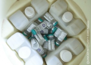 Pentavalent vaccines are kept in a cold box at the health centre in Kaniaka Village, Katanga Province. The pentavalent vaccine protects against five common diseases: diphtheria, tetanus, pertussis (whooping cough), hepatitis B and Haemophilus influenza type b (also called Hib, a cause of pneumonia and meningitis). Cold boxes are a critical part of the cold chain, the series of temperature controls required to maintain vaccine potency from manufacture through inoculation. In Feuary 2011 in the Democratic Republic of the Congo, women and children remain vulnerable to maternal and neonatal tetanus (MNT), an infection that has no cure but is preventable with routine immunization. MNT threatens the lives of 130 million women and babies in 38 countries around the world, including D. R. Congo, where the disease sickened at least 1,038 babies and killed 483 last year. Globally, the disease kills 59,000 infants within their first month of life, the equivalent of one death every nine minutes, every year. Limited access to basic health services and poor hygiene conditions during birth are the major contributors to MNT mortality: Many infections take place when women give birth at home, alone or in the presence of an untrained birth attendant. Delivery on unclean surfaces and handling with unclean hands or instruments increase the chance of MNT infection in both mother and baby. Yet three doses of the tetanus toxoid vaccine  one of the worlds safest and least expensive vaccines  protects almost 100 per cent of recipients from the disease. Additionally, children born to immunized women are protected from the disease for the first two months of life. Since UNICEF re-launched its MNT Elimination Initiative in 1999, at least 20 countries have achieved the goal of eliminating MNT, and since 2006, private-sector partner Pampers has donated funds for 300 million vaccines. In D. R. Congo, this initiative is promoting vaccination among girls and women of child-bearing age, particularly in southern provinces where health infrastructure is weak and vaccine shortages are common. The goal of the initiative is to eliminate cases of MNT from the world by 2015.