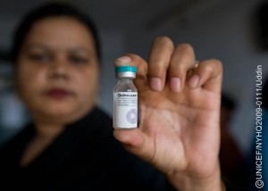 A health worker displays a vaccine against five common childhood illnesses  Hib, diphtheria, tetanus, pertussis and hepatitis B  at a storage facility in the south-western city of Khulna. Hib is a common cause of pneumonia and bacterial meningitis. In January 2009 in Bangladesh, a national campaign to vaccinate children against Haemophilus influenzae type b (Hib) was launched in Khulna District. Hib is a common cause of pneumonia and bacterial meningitis, causing an estimated three million serious illnesses and 400,000 deaths around the world annually. The country-wide campaign aims to immunize four million children under the age of five by years end, saving the lives of at least 20,000 children. The vaccine will also protect against diphtheria, tetanus, pertussis and hepatitis B, reducing the number and frequency of injections each child will need to build immunity against these diseases. The campaign is sponsored by the World Health Organization (WHO), UNICEF, the GAVI Alliance and the Hib Initiative. The GAVI Alliance is a public-private partnership among developing and donor governments, the vaccine industry and others, which funds immunization programmes around the world. The Hib Initiative is a body of experts on Hib vaccination from the Johns Hopkins School of Public Health, the London School of Hygiene and Tropical Medicine, WHO and the United States Centers for Disease Control and Prevention. WHO, UNICEF, GAVI and the Hib Initiative are working to extend Hib vaccine coverage to 72 developing countries by 2015.