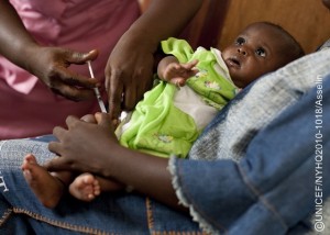 A baby girl receives a pentavalent vaccine at the Kaniya Peripheral Health Unit in the village of Kaniya, in Bo District. The pentavalent vaccine protects against five common diseases: diphtheria, tetanus, pertussis (whooping cough), hepatitis B and Haemophilus influenza type b (also called Hib, a cause of pneumonia and meningitis). [#2 IN SEQUENCE OF TWO]  In April 2010 in Sierra Leone, child and maternal mortality rates remain among the highest in the world. Nearly one out of every five children dies before the age of five, and a womans lifetime risk of maternal death is one in eight. Many health clinics lack ambulances, electricity, skilled personnel, and essential supplies, and many people simply cannot afford basic health services. Maternity services are particularly poor, with only 43 per cent of women giving birth in the presence of a skilled birth attendant, such as a doctor, nurse or midwife. The high prevalence of malnutrition, malaria, acute respiratory infections, preventable diseases, poverty and gender inequality also contribute to the high rates of death and illness among children and mothers. On 27 April, the Government inaugurated a programme that abolishes fees for primary health services to pregnant and lactating mothers and children under the age of five. Support for this programme comes from UNICEF, the United Nations Population Fund (UNFPA), the World Health Organization (WHO), the World Bank, the African Development Bank, the European Union, Irish Aid and other partners. UNICEF is building clinics, supporting ambulance services, and providing essential drugs and supplies for obstetric care. UNICEF also supports preventative and curative health programmes, including vaccination campaigns, the distribution of insecticide-treated mosquito nets, the practice of exclusive eastfeeding and the promotion of hand-washing.