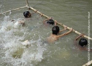 As drowning, or near-drowning, is a major preventable injury of children, with support from UNICEF, a local trainer of the Centre for Injury Prevention & Research, Bangladesh in Raiganj thana under Sirajganj district is teaching children to swim