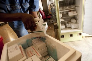 Supervising Nurse Sylvain Kassongo places a delivery of vaccines in a refrigerator, in the UNICEF-assisted health centre in the town of Kipushi, in Katanga Province. [#4 IN SEQUENCE OF SIX] In Feuary 2011 in the Democratic Republic of the Congo, women and children remain vulnerable to maternal and neonatal tetanus (MNT), an infection that has no cure but is preventable with routine immunization. MNT threatens the lives of 130 million women and babies in 38 countries around the world, including D. R. Congo, where the disease sickened at least 1,038 babies and killed 483 last year. Globally, the disease kills 59,000 infants within their first month of life, the equivalent of one death every nine minutes, every year. Limited access to basic health services and poor hygiene conditions during birth are the major contributors to MNT mortality: Many infections take place when women give birth at home, alone or in the presence of an untrained birth attendant. Delivery on unclean surfaces and handling with unclean hands or instruments increase the chance of MNT infection in both mother and baby. Yet three doses of the tetanus toxoid vaccine one of the worlds safest and least expensive vaccines protects almost 100 per cent of recipients from the disease. Additionally, children born to immunized women are protected from the disease for the first two months of life. Since UNICEF re-launched its MNT Elimination Initiative in 1999, at least 20 countries have achieved the goal of eliminating MNT, and since 2006, private-sector partner Pampers has donated funds for 300 million vaccines. In D. R. Congo, this initiative is promoting vaccination among girls and women of child-bearing age, particularly in southern provinces where health infrastructure is weak and vaccine shortages are common. The goal of the initiative is to eliminate cases of MNT from the world by 2015.