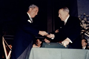 UNICEF Executive Director Henry Labouisse (left), receives the Nobel Peace prize medal on behalf of UNICEF, presented by Nobel Committee Chairman of the Norwegian Parliament, Gunnar Jahn, at the prize ceremonies at Oslo University in Oslo, the capital.  On 10 December in Norway, UNICEF was awarded the Nobel Peace Prize for its work for children since its founding in 1946, in a ceremony attended by UNICEF's second UNICEF Executive Director Henry Labouisse (from 1965-1979), at Oslo University in Oslo, the capital.  The citation awarding the prize stated that 