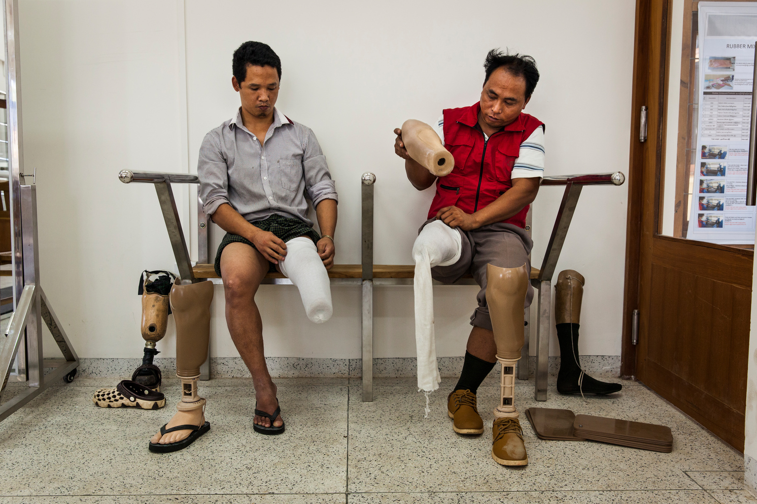 Aung Soe Min, 42, (right) who was injured in 2011 as a Myanmar Armed Forces soldier demining in Kayin State and (left) Daung Ja, 33 who was injured 2010 laying landmines while fighting with the Kachin Independence Army, at newly-opened physical rehabilitation centre in Myitkyina, Kachin State, Myanmar, Friday 31 March 2017. The centre is the first of its kind in norther Myanmar and was opened following an investment of 1.98 billion Myanmar Kyats (1.5 million US dollars) by the International Committee of the Red Cross (ICRC). In 2017, working with the Government of Myanmar, UNICEF will strive to meet the basic needs of the most vulnerable internally displaced children. Myanmar is experiencing three protracted humanitarian crises, each with its own set of complex underlying factors. In Rakhine State, inter-communal violence that erupted in 2012 continues to plague 120,000 internally displaced people spread across 40 camps or informal sites, as well as host communities. Eighty per cent of the displaced are women and children. In Kachin State, armed conflict that reignited in 2011 continues to impact communities caught in the crossfire between an ethnic armed group and the Myanmar army. Nearly 87,000 people remain displaced as a result, including 40 per cent who are in areas outside of government control. An additional 11,000 people remain displaced in northern Shan State, where a similar conflict oke out in 2011. Compounding the protracted crises are issues related to religious and/or ethnic discrimination, exploitation, chronic poverty, vulnerability to natural disasters, statelessness, trafficking and humanitarian access. In addition to the humanitarian crises in Rakhine, Kachin and Shan states, Myanmar is impacted by humanitarian situations in other parts of the country, including natural disasters, health emergencies and small-scale displacements.